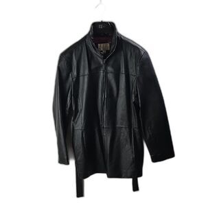 Worthington Mens Vintage Black Leather Full Zip Belted Collared Jacket Sz XL